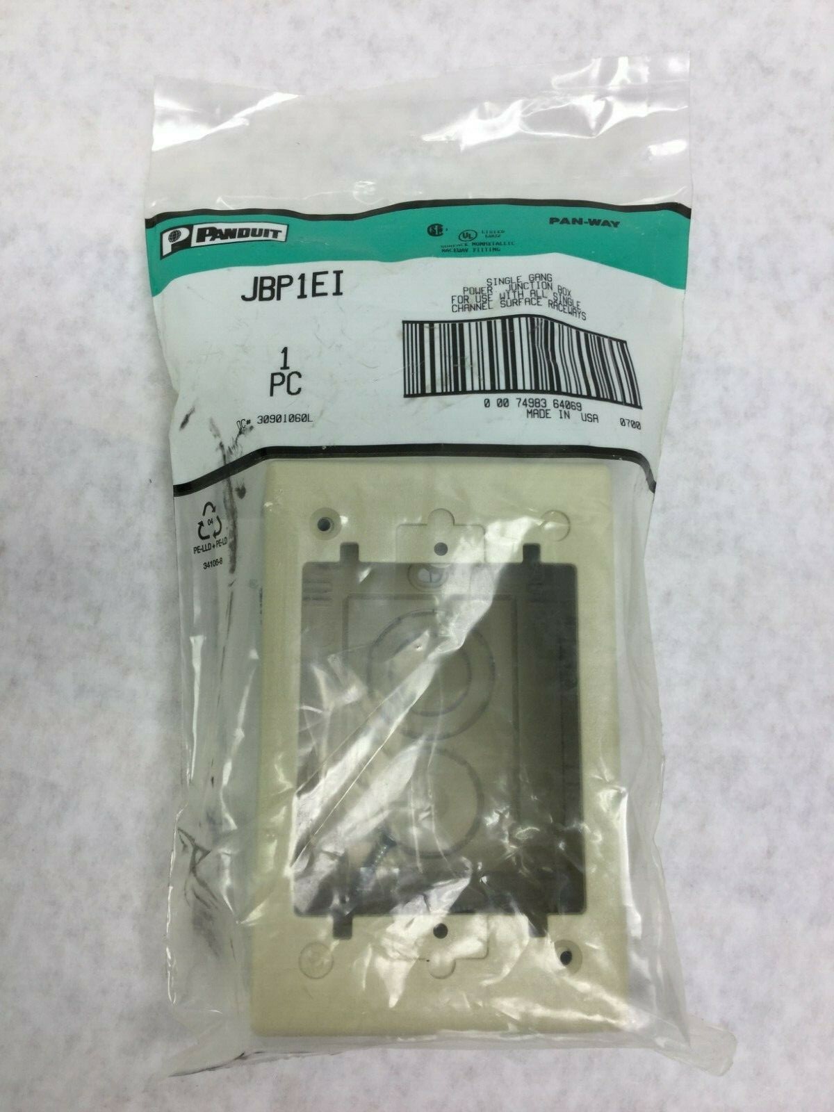 Panduit JBP1EI Single Gang Power Junction Box for All Single Ch Surface Raceways