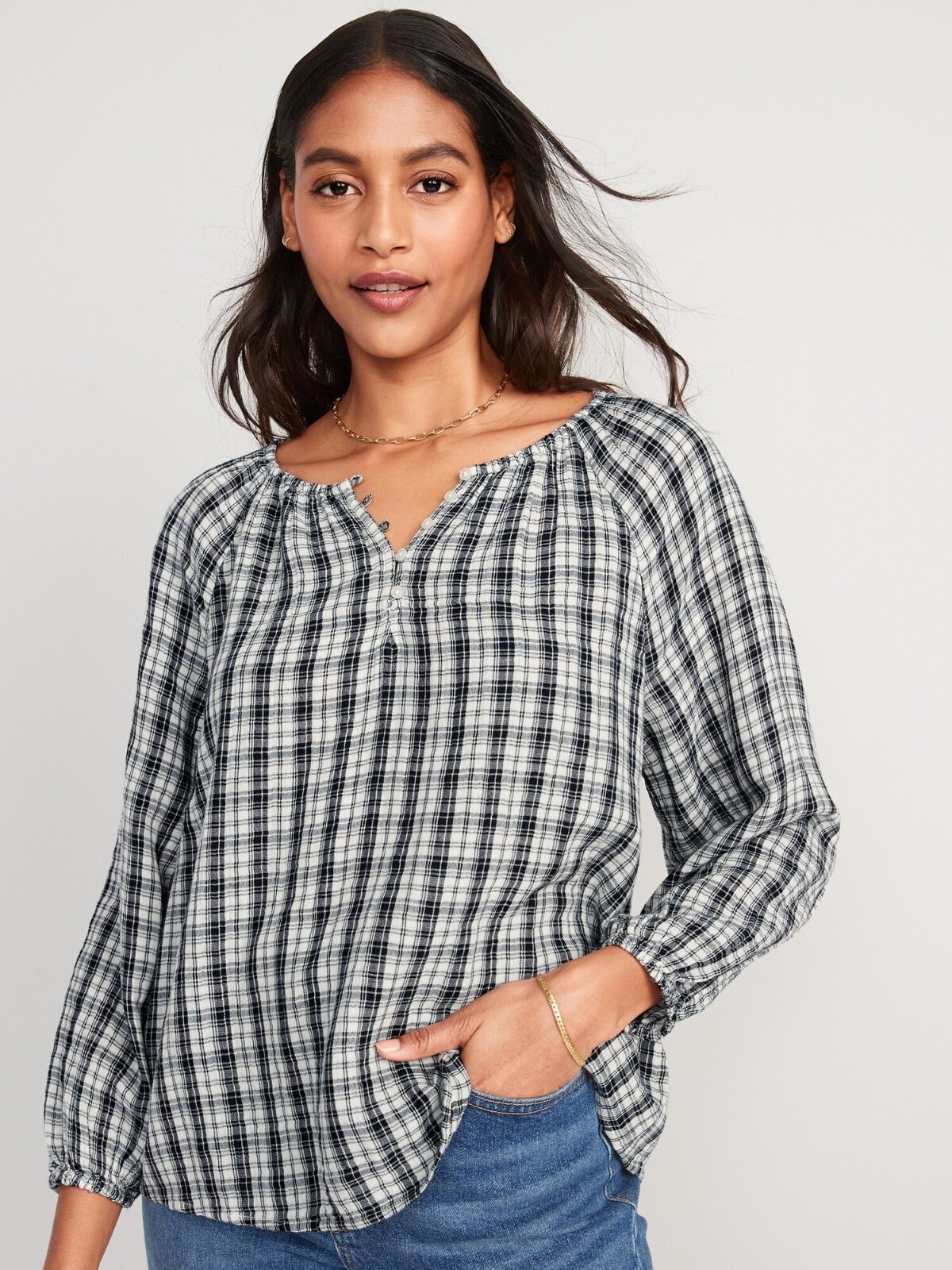 

Старая темно-синяя черно-белая клетчатая блузка с разрезом, рубашка, размер, Multicolor