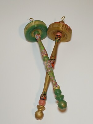 Hand Painted Top Whorl Drop Spindles Pair of 2 Hand Yarn Spinning  Bohemian Girl