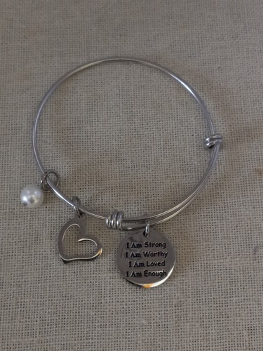 Bangle Charm Bracelet "I Am Strong I Am Worthy I Am Loved I Am Enough, Open...