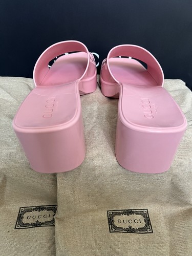 Pre-owned Gucci Women's Block Heel Platform Logo Slide Sandals Pink Rubber Slip On 39