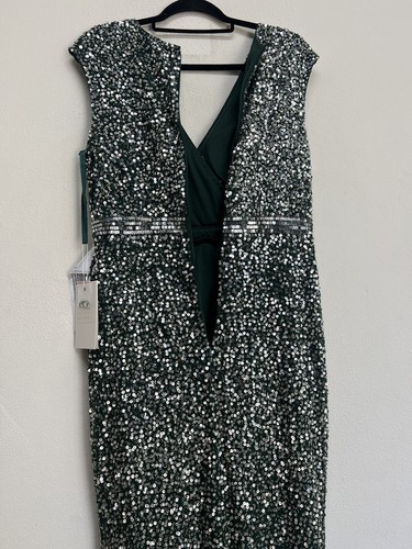 Pre-owned Mac Duggal Cap Sleeve Sequined High Slit V Neck Belted Gown Size 10 Green 5489