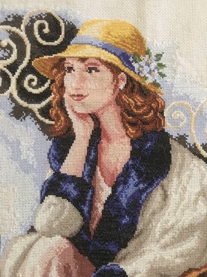 Art Deco Scene: Young Lady & Her Cats, XXXLARGE Completed Cross Stitch, 27