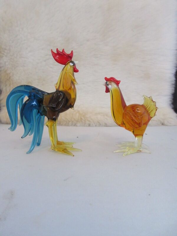 Art Glass Handblown Rooster and Hen Murano Style