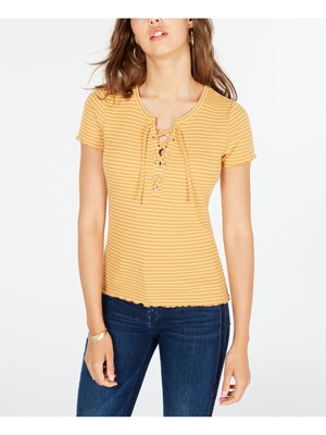 

HIPPIE ROSE Женский золотой топ в тонкую полоску с короткими рукавами Henley Juniors