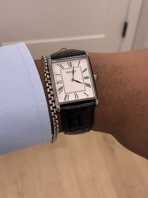 Seiko SWR049P1 Classic Roman Numeral Dial Black Leather Tank Watch