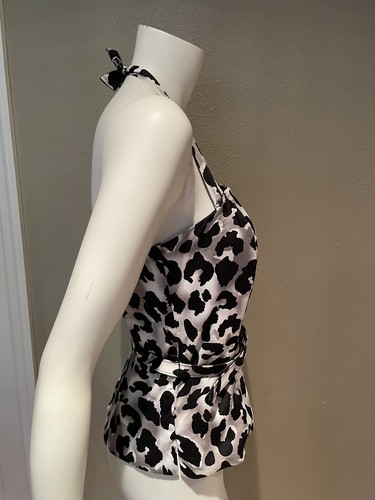 Cache black and white leopard print halter corset belted top Size S