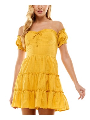 CITY STUDIO Womens Yellow Tie Lined Padded Short Sleeve Mini Dress 1