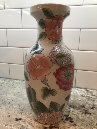 Vtg Chinese Porcelain Pink Green Blue Peach Floral White Flower Vase 10.5