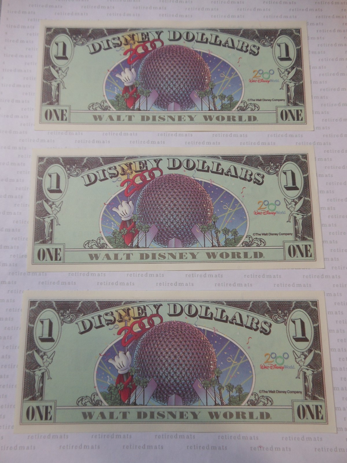 2000 Disney Dollar $1 A Series 5 CONSECUTIVE BILLS Mickey Epcot Spaceship Earth
