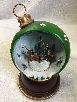 MUSIC BOX ROUND OPEN ORNAMENT WITH HORSE & SLEIGH IN SNOW SCENE 8 IN NWOT