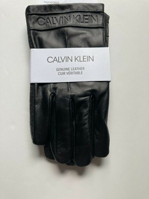 

CALVIN KLEIN Mens Black Leather Mixed-Media Logo Winter Wool Blend Gloves, Черный