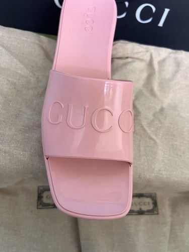 Pre-owned Gucci Women's Block Heel Platform Logo Slide Sandals Pink Rubber Slip On 39