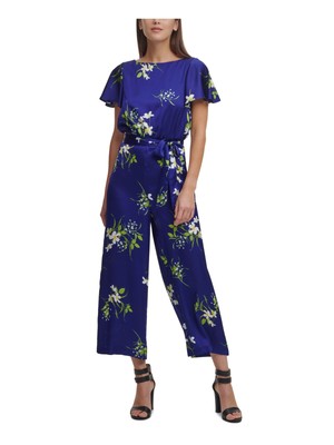 

Женский синий вечерний комбинезон с прямыми штанинами и круглым вырезом DKNY с поясом и поясом