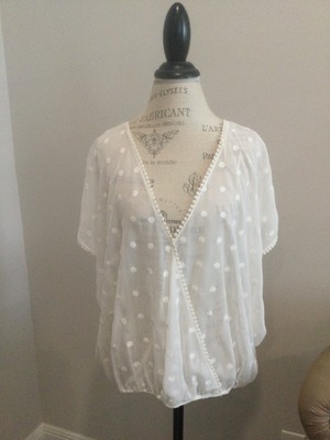 Women s White Sheer Swiss Dot Cap Sleeve Top With V Crossover Neck Xl