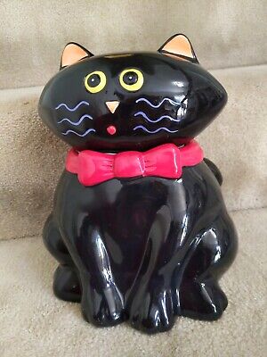 Whimsical Black Cat Cookie Jar With Red Bow Tie Halloween Modern Felix Kitty 10"