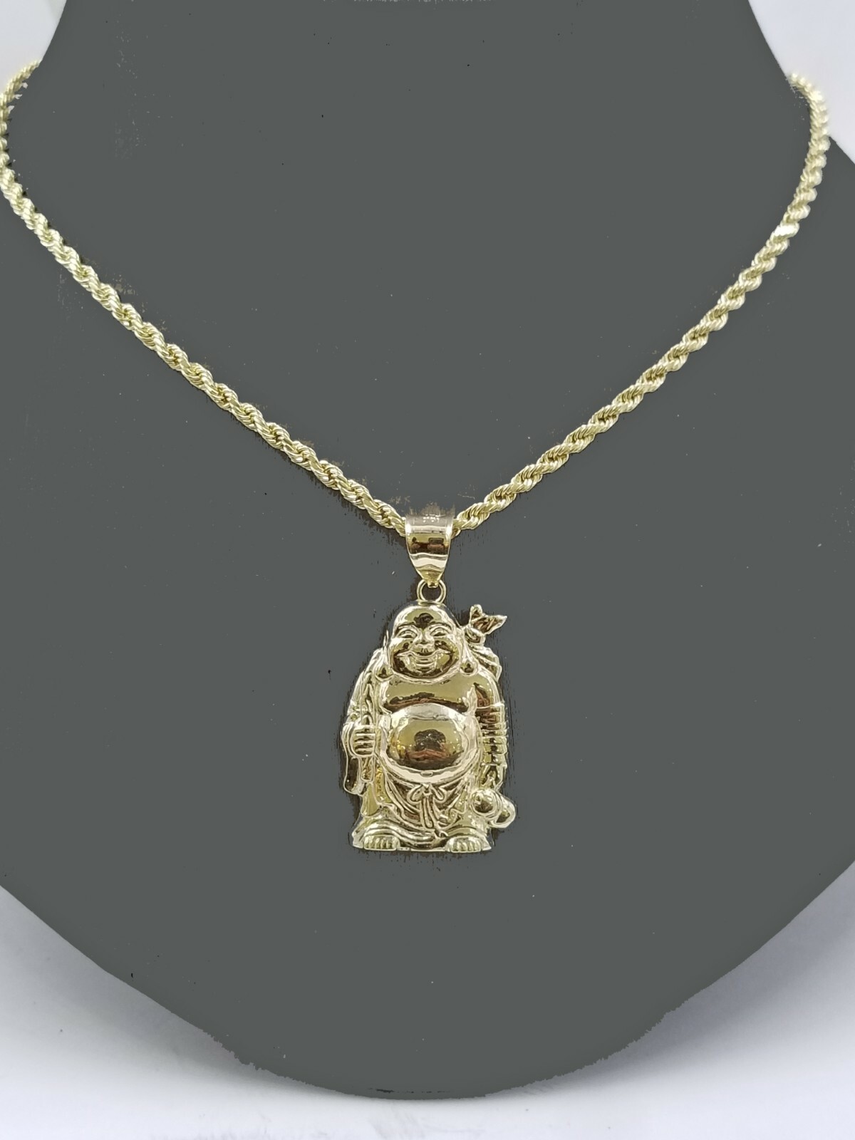 10k Gold Rope Chain Laughing Buddha Charm Pendant 18