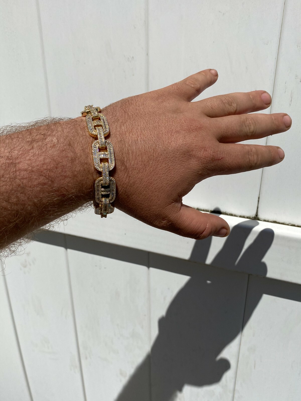 Pre-owned Silver Men's Real 14k Gold Plated Solid 925  Baguette Gucci Link Bracelet 15mm Cz