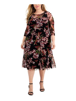 

CONNECTED APPAREL Womens Sheer с рукавами 3/4 и круглым вырезом ниже колена Fit + Flare, Черный