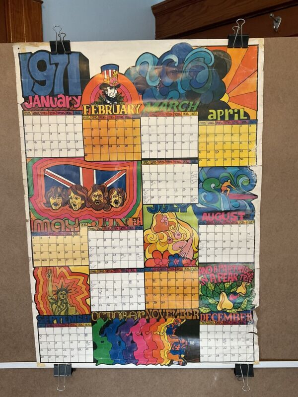 Psychedelic 1971 Calendar Poster Mod Pop Art Beatles Picasso Vintage Surfing