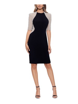 XSCAPE Womens Black Lined Elbow Sleeve Knee Length Evening Sheath Dress 4