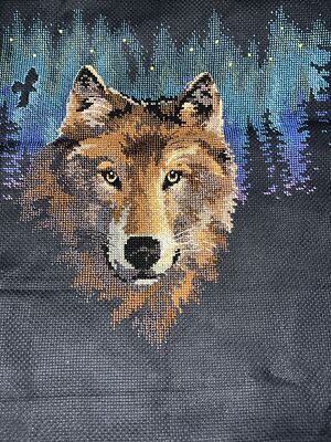 Complete Finished Cross Stitch - Wolves- Night Sky- Northern Lights- Wolf