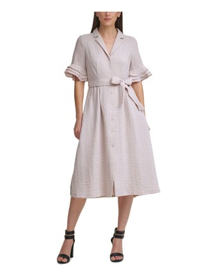 

Женское бежевое платье-рубашка DKNY с поясом и тройными рюшами и рукавами до локтя, Бежевый