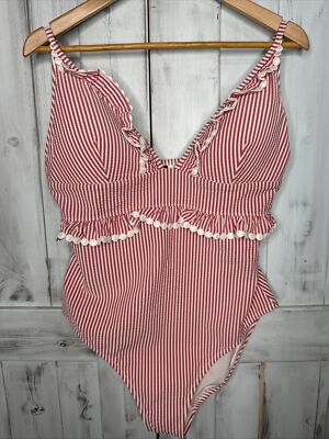 NWT J CREW PINK WHITE SEERSUCKER STRIPED RUFFLE TRIM ONE PIECE SWIMSUIT SIZE 12