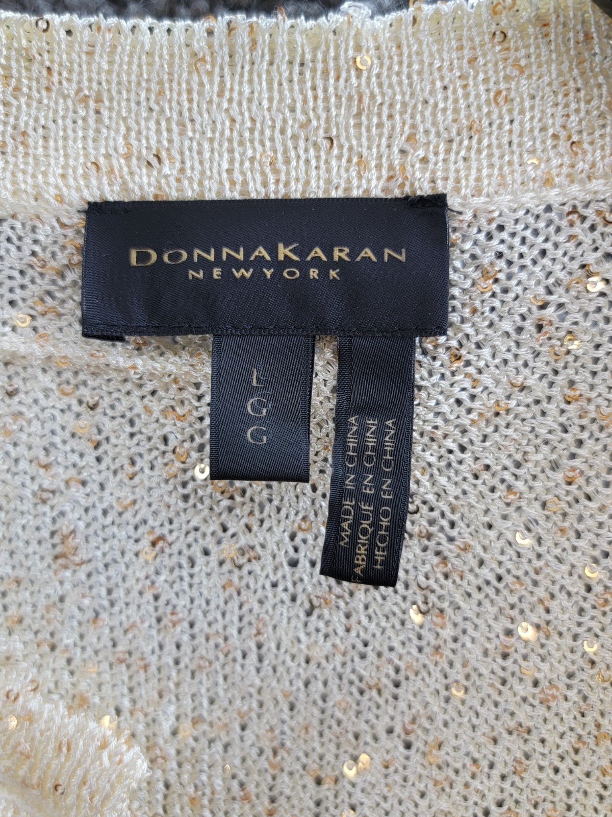 Donna Karan New York Metallic Cardigan Women's L Cream/Gold Button Front L/S - Picture 12 of 13