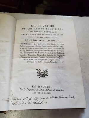 Indice Ultimo De Los Libros Prohibidos Y Manado Expurgar 1790 Madrid Don Carlos 