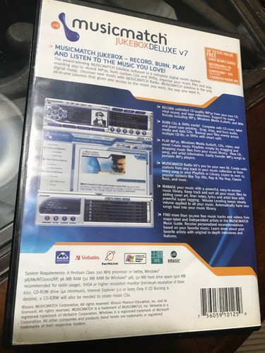 MusicMatch Jukebox 7 Deluxe PC CD sort edit tags listen to mp3 music data files.