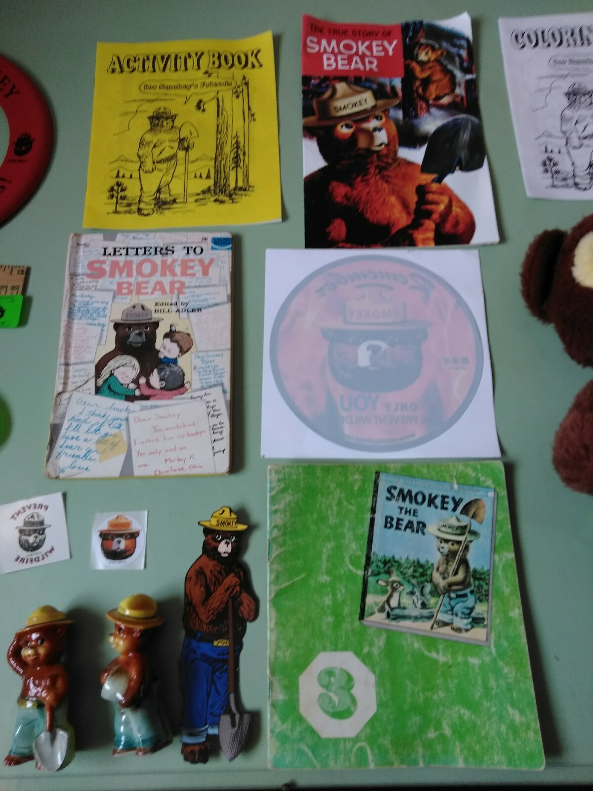 Smokey The Bear Lot Salt & Peper shaker, Stuffed Bear (NO HAT) Stickers, rulers
