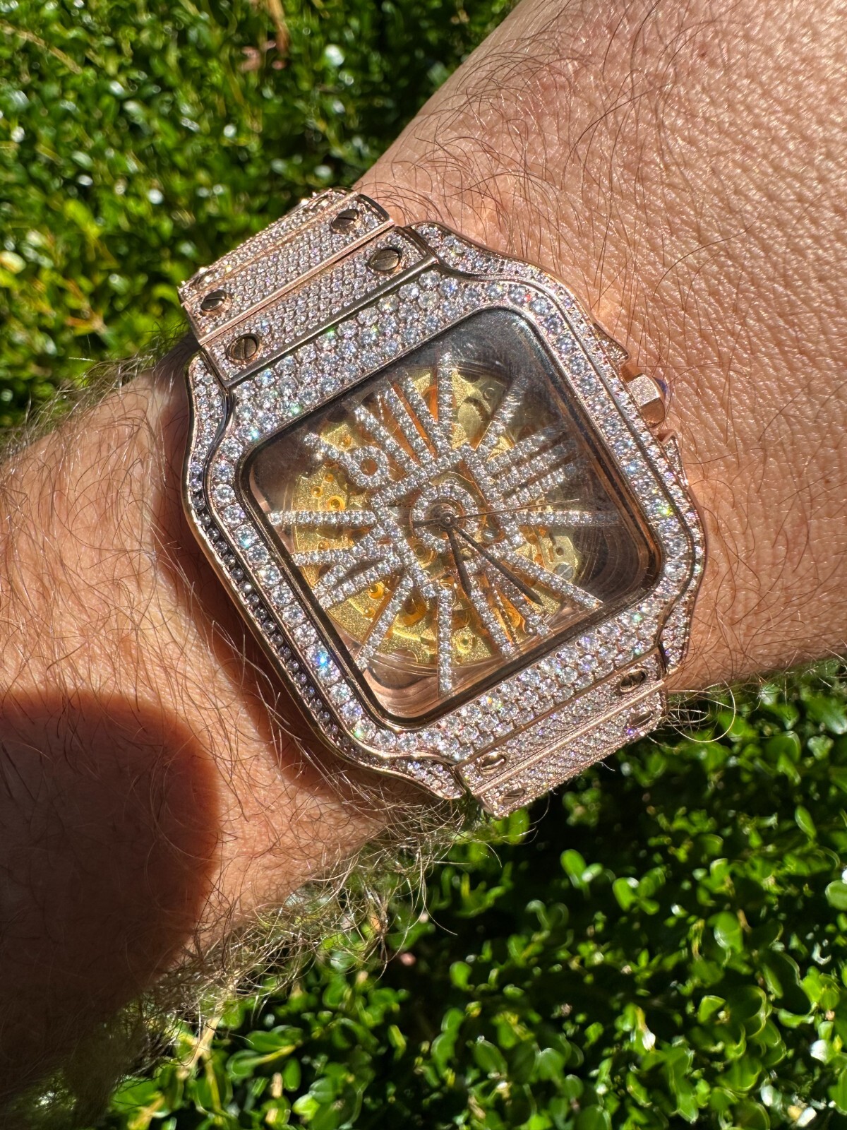 Pre-owned Hip Hop Real Mens Moissanite 14k Rose Gold Watch Iced Automatic Movement Hiphop Skeleton