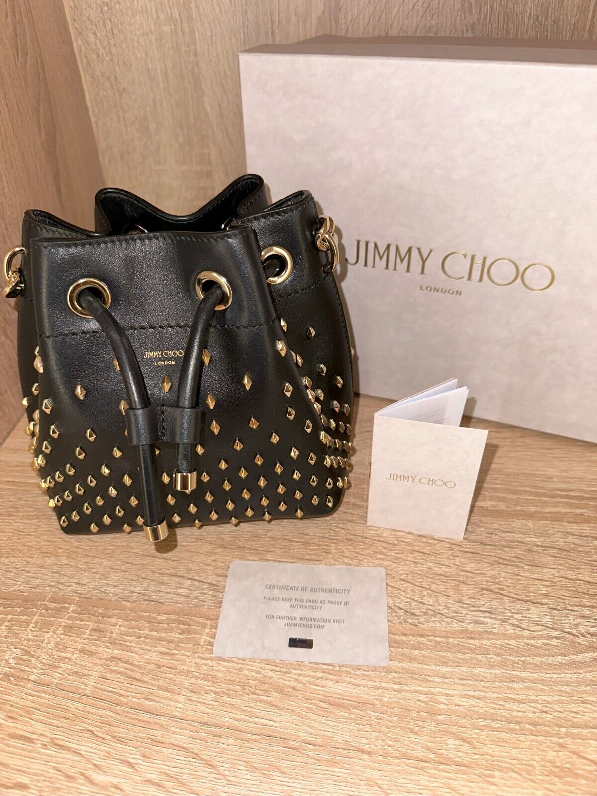 NEW Jimmy Choo - BLACK Bon Bon Bucket S Leather w/ GOLD