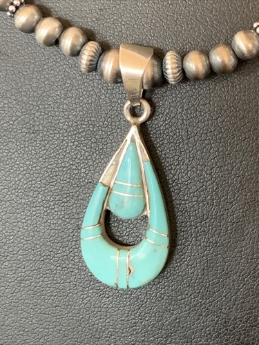 Pre-owned Handmade Womens Blue Turquoise Inlay Pendant Navajo Pearls Sterling Silver Necklace 12501