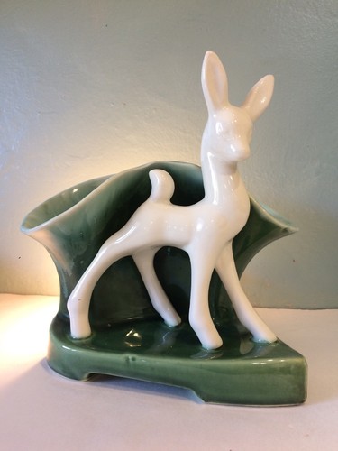 Vintage 1950s Deer Fawn TV Lamp Ceramic Vase Green Mid Century Modern Works USA