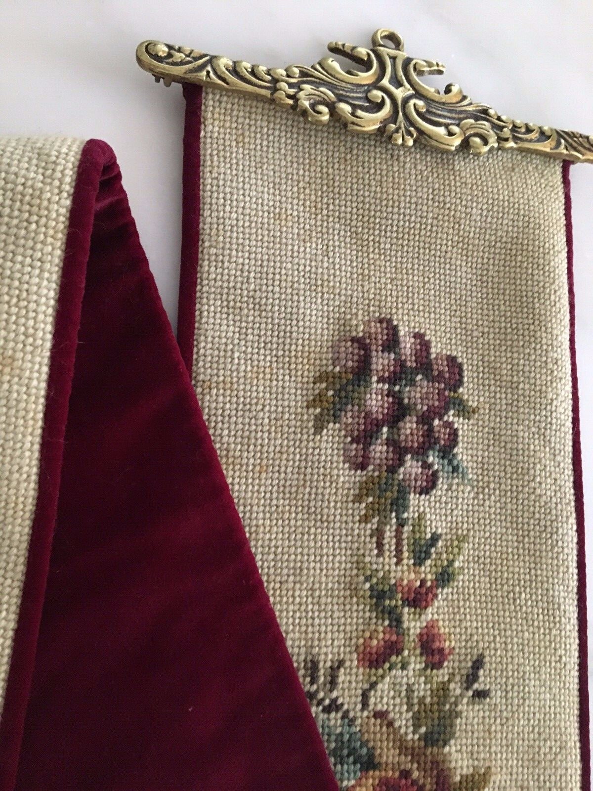 VINTAGE NEEDLEPOINT BELL PULL WITH FRUIT DECORATION 70