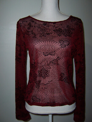 Eye Candy Red & Black Sheer See Thru Floral Top Glitter Small