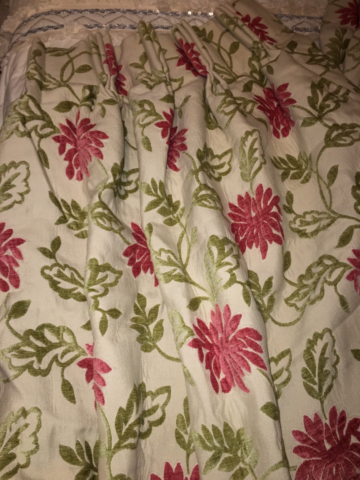 TWO Handmade Floral Velvet Curtain Panels Pink Green Gorgeous!