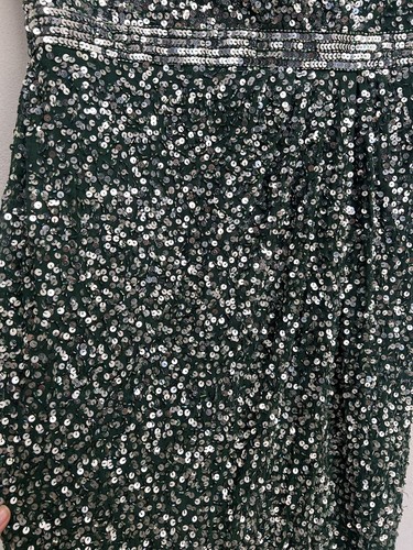 Pre-owned Mac Duggal Cap Sleeve Sequined High Slit V Neck Belted Gown Size 10 Green 5489