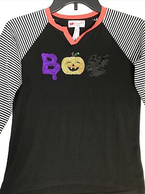 Poof Girl  BOO Halloween Top Girl s Size L Black w Striped Sleeves