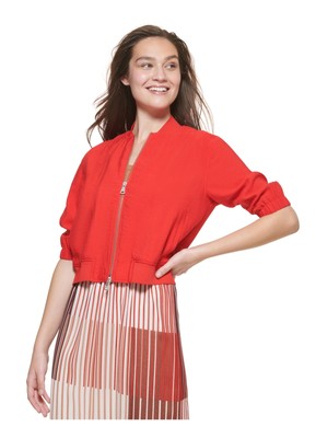 

DKNY Женская красная куртка в рубчик с карманами и рукавом 3/4 на молнии, Красный, P2EC7M56