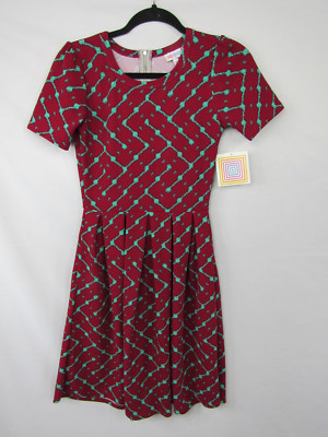 LuLaRoe Amelia Dress Size XS Red Teal Green Connect The Dots Pattern New Unicorn