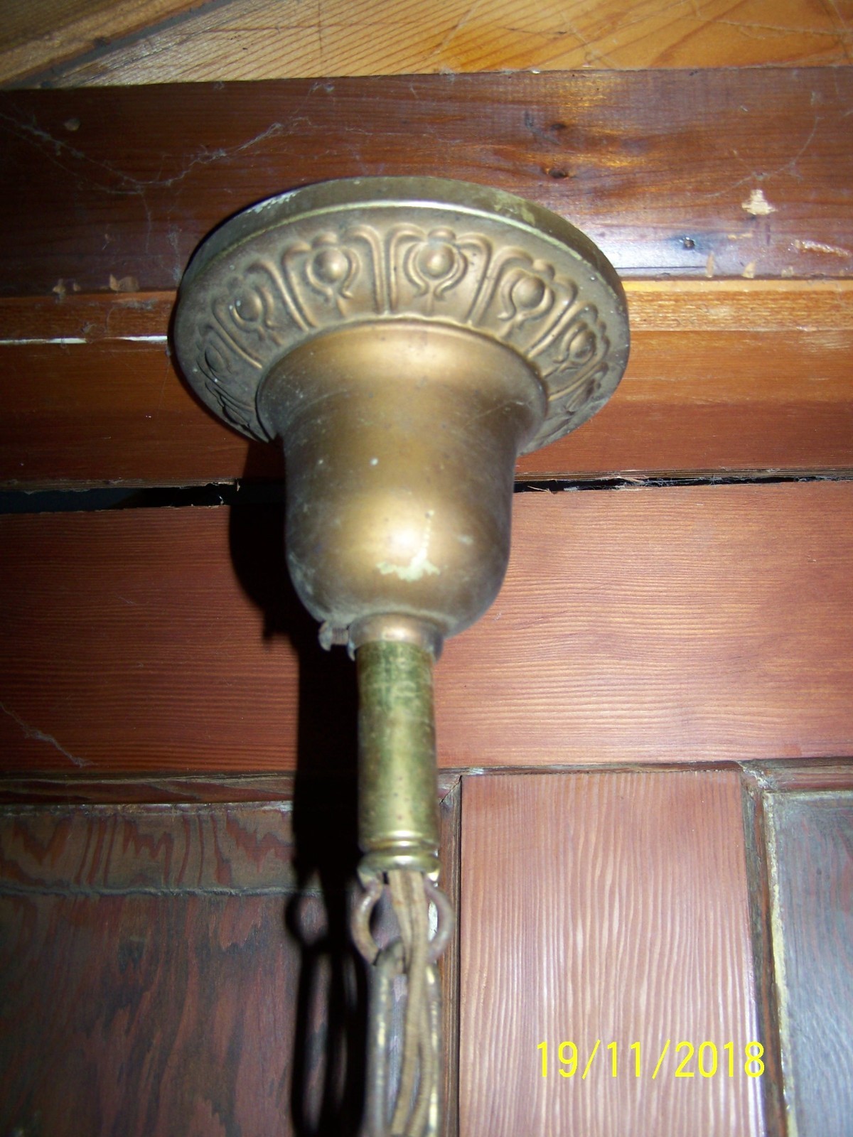 Antique Vicorian Ornate Pressed Brass Hanging 3 Light Pan Fixture