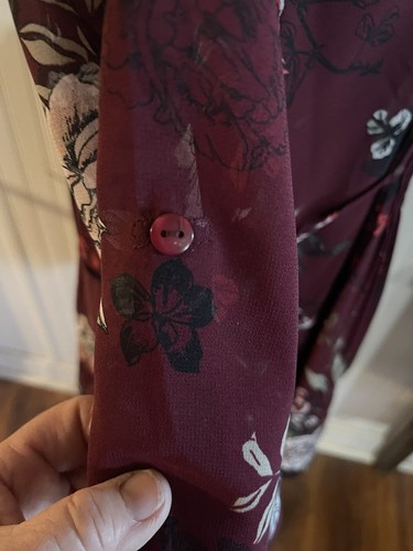 American Rag Cie Blouse Burgundy Floral Print Sheer Tie Back Roll Tab Sleeve MED