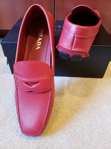 Pre-owned Prada 100% Authentic  Saffiano Leather Driving Moccasins Shoes Size 11 (12 Us) In Red