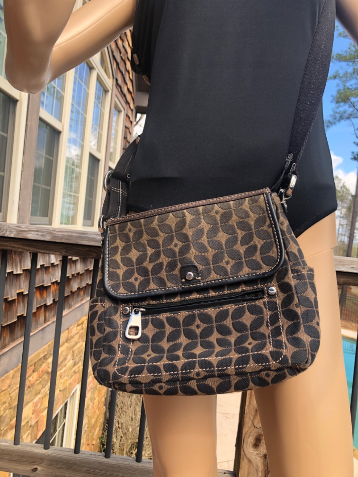 Fossil Black & Brown Print Fabric Crossbody Purse Bag