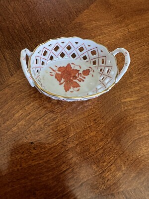 Herend China Chinese Bouquet Rust 3.5  Reticulated Basket Gold Trim