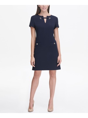 

TOMMY HILFIGER Женское темно-синее платье с короткими рукавами из крепа с аквалангом и люверсами, Navy