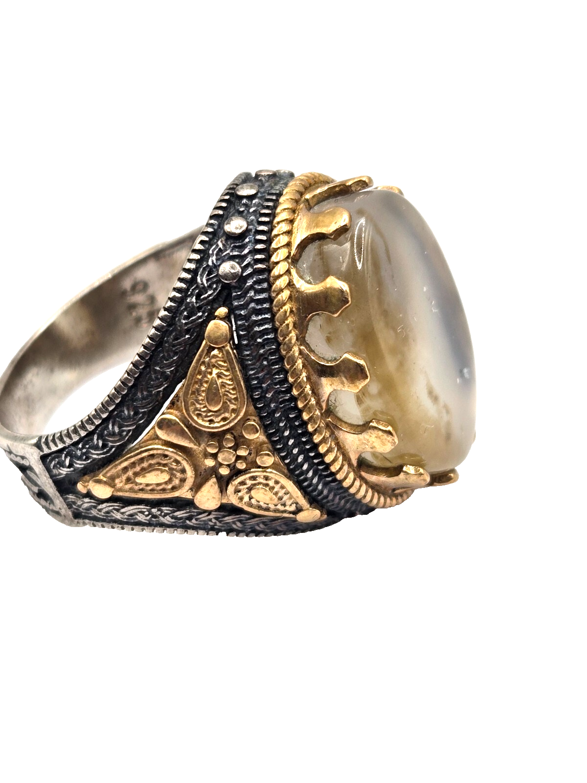 Vintage Sterling Silver & Gold-Plated Moss Agate Ring – Ornate Artisan sz 9